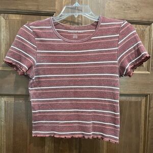 American Eagle Outfitters Women’s Burgundy Striped Crop Fitted T-Shirt, Medium